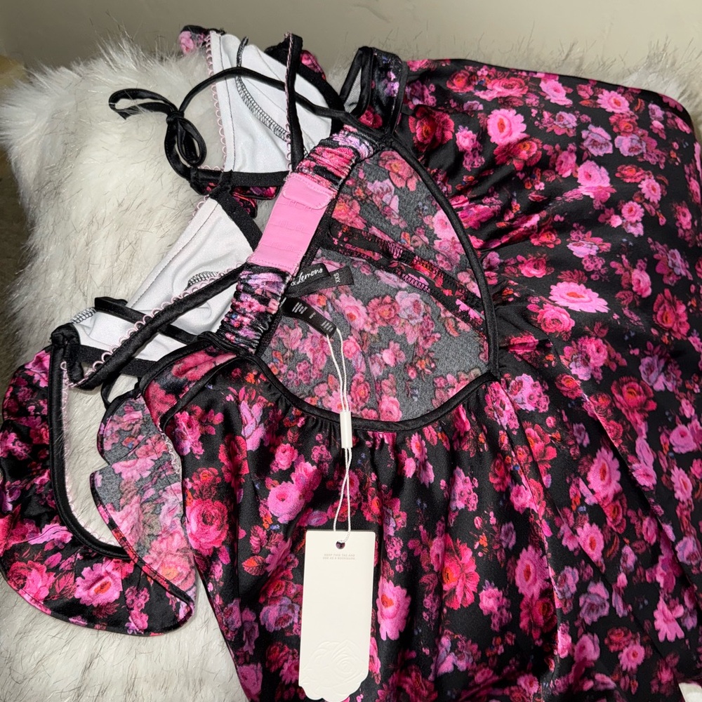 For Love and Lemon Lola Babydoll dress-  Black Pink Floral - Picture 5 of 11